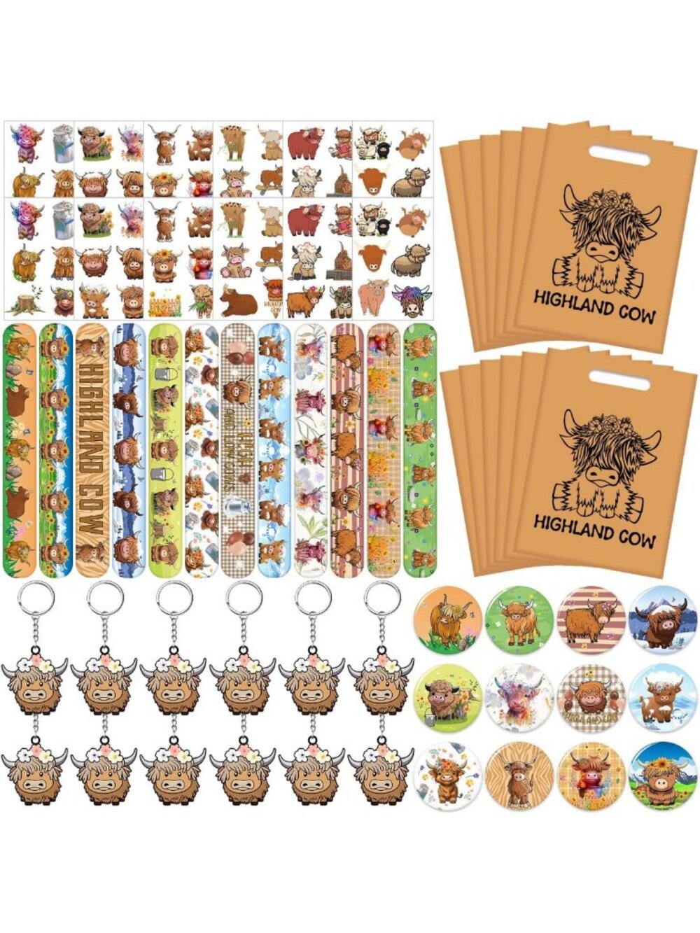 Highland Cow Party Favors: Slap Bracelets, Keychains, Badges & Tattoos for Kids